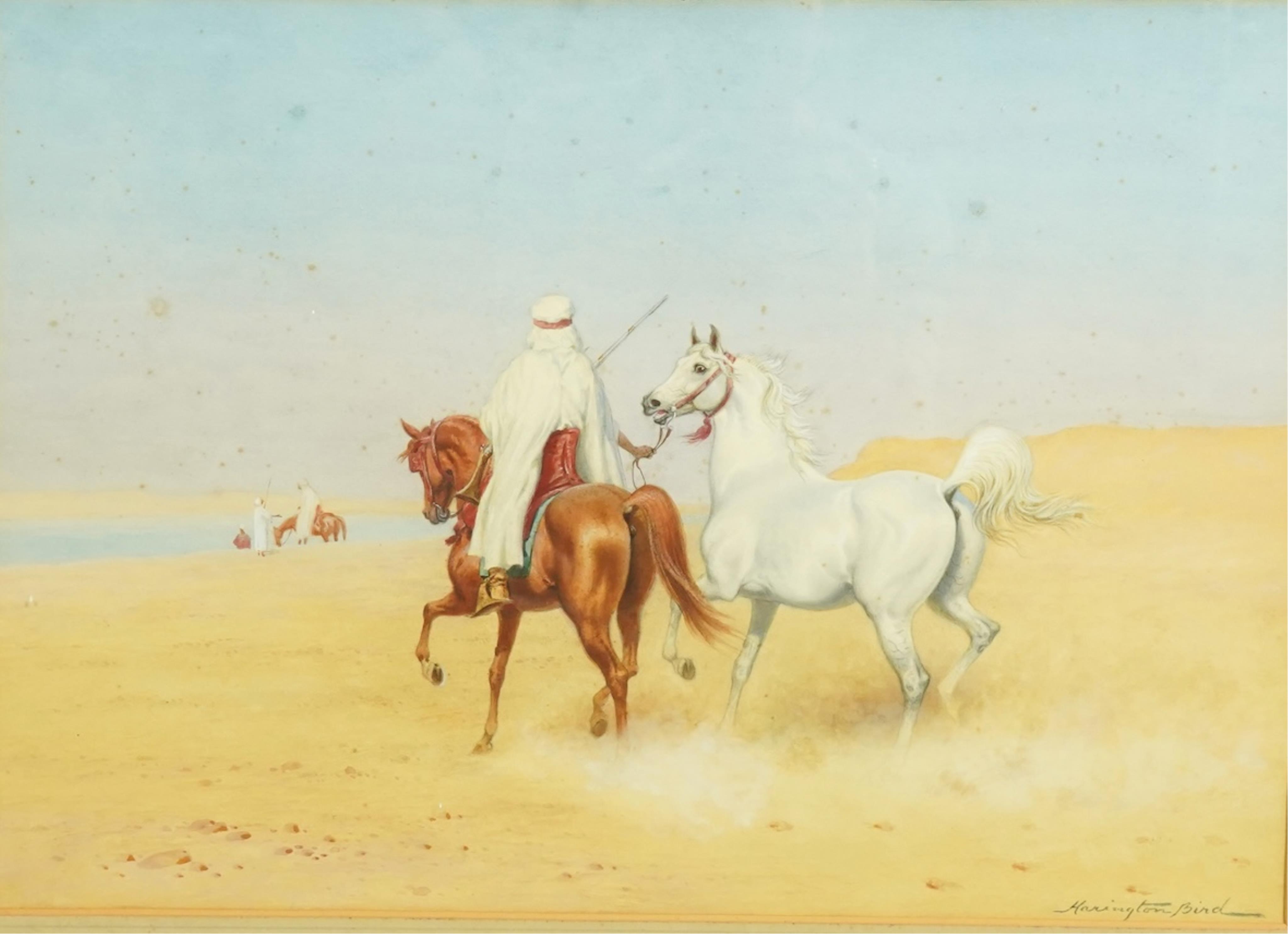 John Alexander Harrington Bird (English, 1846-1936), Arab warrior leading a white Arabian horse, figures beyond, watercolour, 36 x 50cm